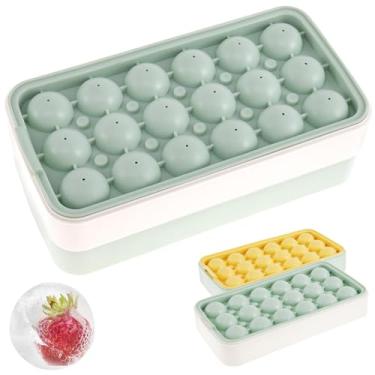 Imagem de 2 bandejas para cubos de gelo com tampa, molde de silicone livre de BPA, molde de bola de gelo de fácil liberação, antiaderente, recipiente reutilizável para cubos de gelo, armazenamento no freezer