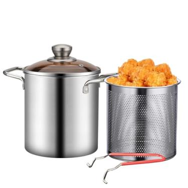 Imagem de Frigideira profunda, panela de fritura de aço inoxidável 304 com cesta e tampa de filtro, filtro de óleo de cozinha de grau alimentício, panela de fritura multifuncional para peixe, camarão, frango