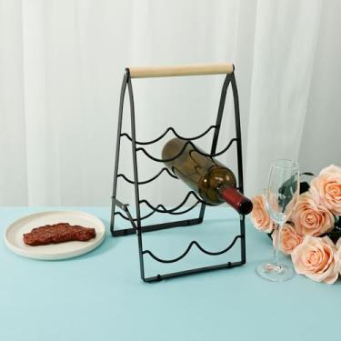 Imagem de LYIYEYAN Suporte dobrável para garrafas de vinho com combinação de ferro e madeira, prateleira de madeira para garrafa de vinho, suporte de garrafa de 3 camadas, suporte de garrafa de metal liso, 6