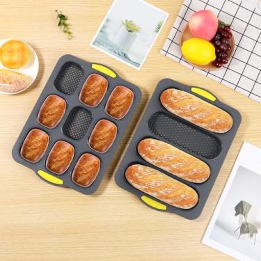 Imagem de DJAPWPX - 2 formas de pão de hambúrguer de silicone para assar pão caseiro macio forma de bolo forma de bolo fácil de desmoldar 3/4/9 bandeja de bolo para forno de microondas geladeira (cinza, 2)