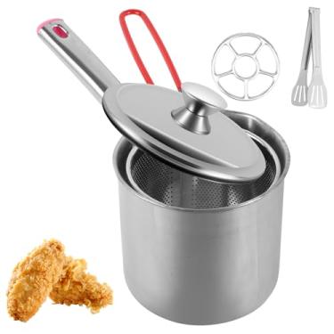 Imagem de Mini Frigideira 1.8L com cesta de coador Panela de fritura de aço inoxidável com tampa e alça Fritadeira portátil Fritadeira profunda Economizador de óleo de fritura (estilo 02)