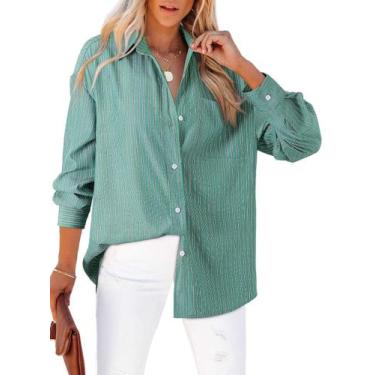 Imagem de Camisa feminina elegante de seda verde listrada de tamanho grande - As
