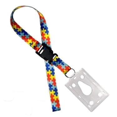 Imagem de Kit 15 Cordões de Conscientização Autismo com Porta Crachá Rígido, 48x2cm, Poliéster, Padrão Quebra-Cabeça