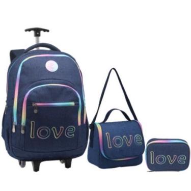 Imagem de Kit Mochila 18 Escolar Juvenil 2 Rodas Love Passeio Escolar Com Lanche
