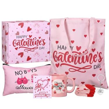 Imagem de Qinyoung Conjunto de 7 peças de presentes de Dia de Galentine inclui caneca copo bolsa de cosméticos meias chaveiro cartão de felicitações com caixa para mulheres, amigas, amigas, namorados