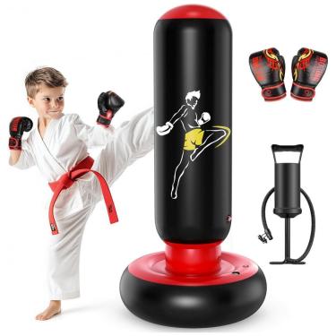 Imagem de QPAU Saco de Pancadas Inflável Infantil 168 cm com Luvas de Boxe - Preto e Vermelho