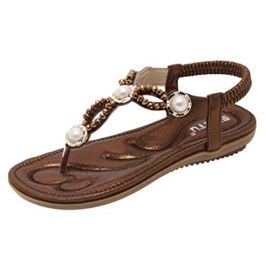 Imagem de Sandálias planas retrô e fashion sapatos sandálias primavera pérola praia verão strass contas metal plano feminino (café, 9)