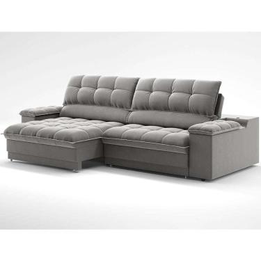 Imagem de sofá 3 lugares retrátil e reclinável helen com usb e porta-copos veludo cinza 230 cm