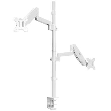 Imagem de VIVO Braço de monitor duplo, suporte extra alto para telas de até 81 cm, ajuste pneumático de altura, suporte VESA resistente articulado completo com grampo C de mesa e ilhós, branco, STAND-V012KW