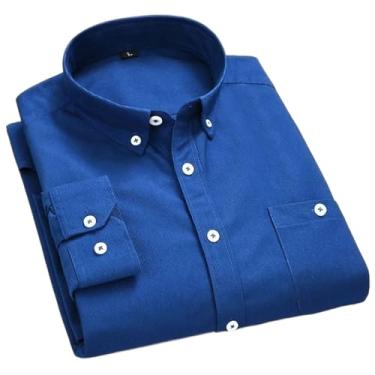 Imagem de WOLONG Camisa masculina de veludo cotelê algodão primavera outono slim fit branco azul preto inteligente camisa casual masculina lisa manga longa, Azul escuro, PP