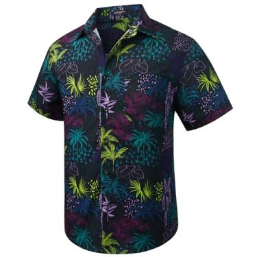 Imagem de Camisa masculina havaiana manga curta Aloha floral tropical casual camisa de botão camisas verão praia para férias, Preto/Palmeira, P