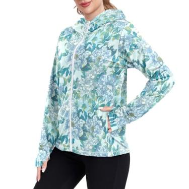 Imagem de JUNZAN Camisetas femininas com proteção solar chinesas, flores azuis, peônias, FPS 50+, manga comprida, moletom com capuz, Verde, M