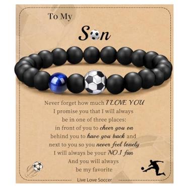 Imagem de Futebol Beisebol Basquete Presentes de Futebol Masculino Pulseiras com Contas Natural Olho de Tigre Pulseira Masculina Aniversário Presentes de Formatura para Filho Neto Bônus Filho Namorado Irmão,