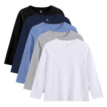 Imagem de Pacote com 5 camisetas de manga comprida para meninos camiseta de gola redonda macia básica de manga comprida, Preto, azul marinho, azul, cinza claro, branco, 13-14 Anos