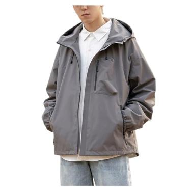Imagem de Jaqueta masculina leve corta-vento cor sólida capa de chuva casaco com capuz jaqueta Rip Stop, Cinza, M