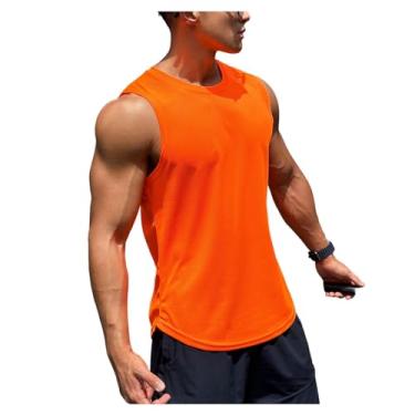 Imagem de Camiseta regata masculina com ajuste muscular, cor sólida, secagem rápida, malha respirável, sem mangas, Laranja, M
