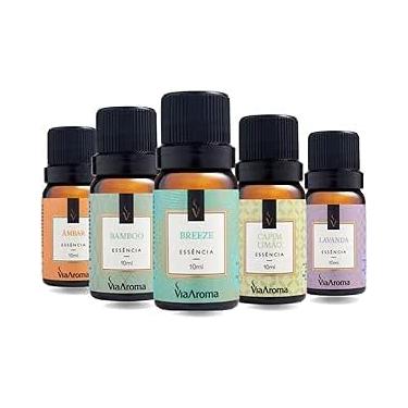 Imagem de Essências Para Aromatizador Difusor Elétrico Via Aroma 10ml Kit com 5 Unidades (Âmbar,Bamboo,Breeze,Capim Limão,Lavanda)