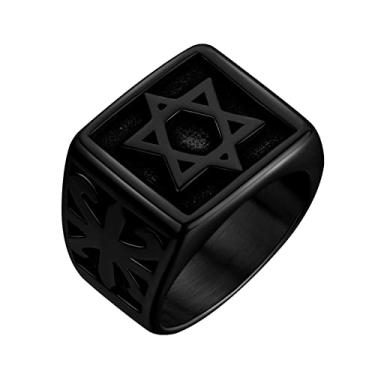 Imagem de Anel de estrela de Davi para homens - Anel de aço inoxidável com selo talismã Salomão Magen Judaico Hanukkah anel hexagrama de seis pontas Jerusalém preto proteção amuleto anéis SR0018, 10, Aço