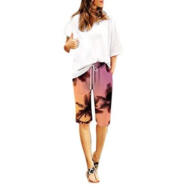 Imagem de Lainuyoah Calça capri feminina leve para o verão, cintura alta, elástica, estampada, calça cropped de perna reta, shorts bermudas modernos, D - laranja, M