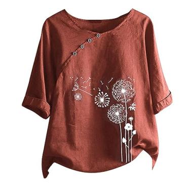 Imagem de Camiseta feminina de linho, gola redonda, botões, estampa de dente-de-leão, blusa folgada, manga curta, camisa de verão, Vermelho, 4G