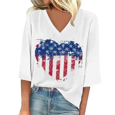 Imagem de Camisetas femininas 4th of July manga 3/4 gola V blusa estampada bandeira americana túnica patriótica Dia da Independência, Branco, 3G