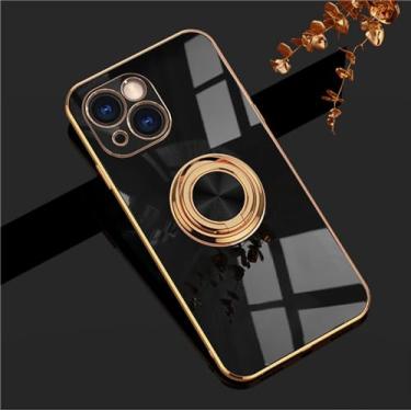 Imagem de Capa de telefone de silicone macio folheado magnético para iPhone 12 13 Mini 14 15 Pro XS Max X XR Plus Capa macia com suporte de anel de um corpo, preta, 5.4 para iPhone12 mini