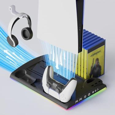 Imagem de Suporte de ventilador de resfriamento para PS5/PS5 Slim Disc e edição digital com 2 estações de carregamento de controlador, luzes LED RGB, 13 slots de jogo, slot remoto de mídia (preto)