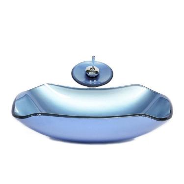 Imagem de Cuba vidro abaulada 51cm azul + válvula + torneira cascata