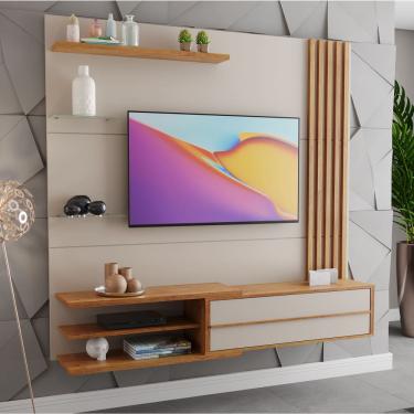 Imagem de Painel para TV até 60 Polegadas Armani com ripado 1 Porta 4 prateleiras Off White/Cobre - Casa Giulia