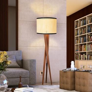 Imagem de Luminaria Chão Abajur Tripe Madeira Retrô Luxo Cúpula Palha Moderno Detalhe Em Courino Preto