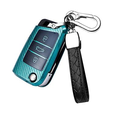 Imagem de HIBEYO Capa de chaveiro de carro com textura de fibra de carbono TPU com chaveiro serve para Volkswagen Vw Atlas Golf Jetta Tiguan Passat Skoda Octavia Superb Car Key Case Cover Smart Remote Car Key