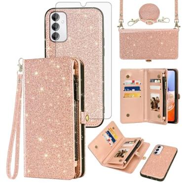 Imagem de Asuwish Capa de celular para Samsung Galaxy A14/M14 5G carteira com zíper destacável com protetor de tela de vidro temperado cordão alça de pulso flip porta-cartão de crédito A 14 4G 14A 14M G5