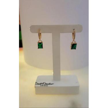 Imagem de Brinco Argolinha Micro Zirconias com Pingente Pedra Verde, banhado a O