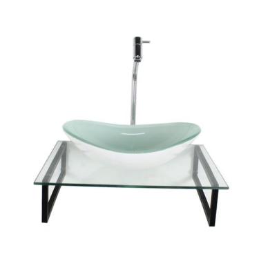 Imagem de Kit cuba de vidro oval 10mm branca tampo 50cm incolor com suporte torn