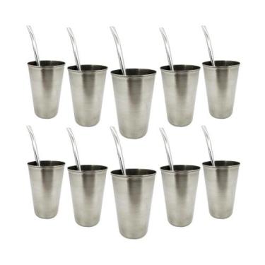 Imagem de Kit Tereré 10 Copos De Inox 200ml 10 Bombas Lisa - Shopfc