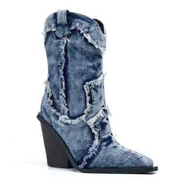 Imagem de driceic Botas femininas jeans com strass cowboy cano médio amêndoa pontiagudo salto bloco botas ocidentais strass azul 5, Azul, 41