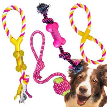 Imagem de Kit 4 brinquedos para cachorro Mordedor puxador Bola Corda - Lojas Edr