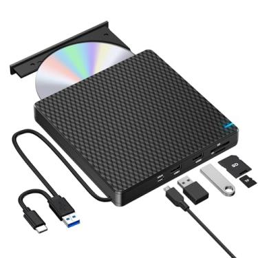 Imagem de Guamar Unidade externa de CD/DVD para laptop: Gravador de CD fino USB 3.0 tipo C com slot SD TF 2 portas USB - Leitor de DVD portátil +/-RW Plug & Play para PC, Mac, Windows 11 10