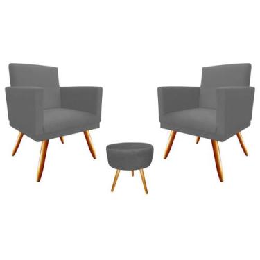Imagem de Kit 2 Poltronas Decorativa Nina + Puff Redondo Suede Cinza Pés Madeira