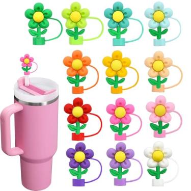 Imagem de Pacote com 13 tampas de palha de flores para copos, topo de palha colorido fofo de 10 mm para garrafas de água, copos Stanley, acessórios, presentes para mulheres, lembrancinhas de festa