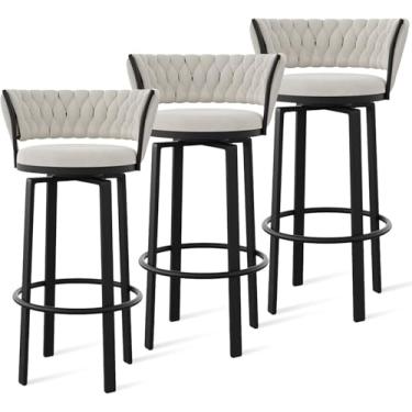 Imagem de Conjunto de banquetas giratórias de 360° com altura de 1/2/3/4, banquetas de veludo com costas abertas e apoio para os pés dourado/preto, cadeiras de jantar para pub da ilha da cozinha, perna branca e