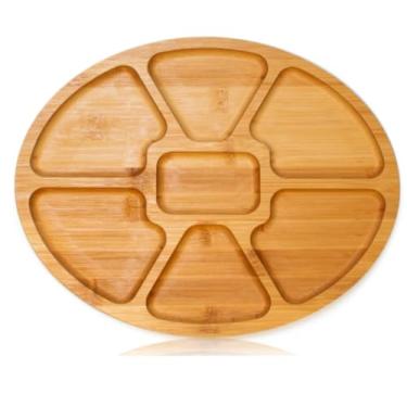 Imagem de Tábua Petisco Redonda Petisqueira Para Queijos Frios Salgados Sementes C/Porta Molho 7 Divisórias Gamela Servir Mesa Bandeja Bambu 100% Madeira