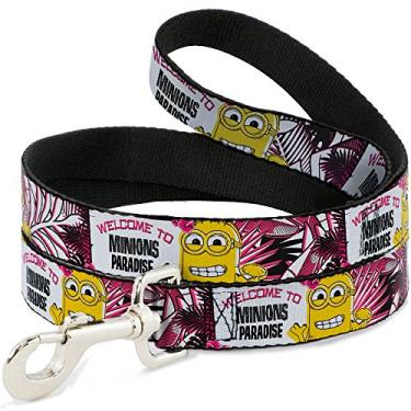 Imagem de Buckle-Down Coleira para animais de estimação - Tiki Minion Pose WELCOME TO MINIONS PARADISE/Floral Branco/Preto/Rosa/Amarelo - 1,2 m de comprimento - 3,8 cm de largura