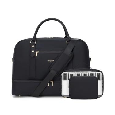 Imagem de Wogarl Bolsas femininas de fim de semana, grande, bolsa de viagem de fim de semana, bolsa de ombro com compartimento de sapatos, bolsa de higiene pessoal para viagem, negócios, academia, Preto-059FY