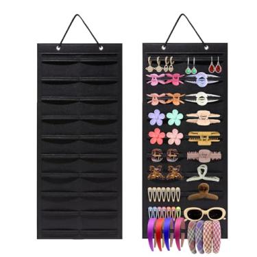 Imagem de MOODKEY Organizador de grampos de cabelo pendurados, 79,8 x 30,5 cm, organizador de grampos de cabelo para mulheres, opção de armário e parede para amantes da moda e organizadores domésticos (preto)