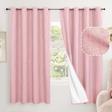 Imagem de Cortinas blecaute de linho rosa bebê para berçário, conjunto de 2 painéis de comprimento de 153 cm, isolamento térmico, boho, total blackout, redução de ruído, cortinas de janela Bonzer para quarto de