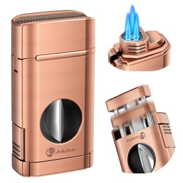 Imagem de LIHTUN Presentes De Isqueiro De Charuto Para Homens, Isqueiro De Maçarico De Charuto Multifuncional, Suporte De Charuto Embutido E Cortador De Charuto De Um Toque, Corte Em V, Isqueiros De Butano De