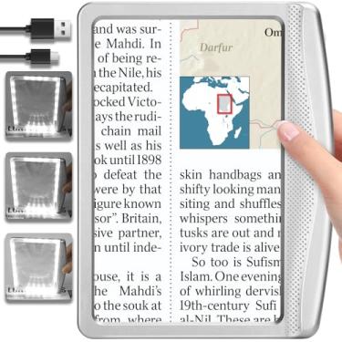 Imagem de AKKYCVS Lupa Recarregável 5X Com Luz, Grande Lupa De Página Inteira Com Iluminação Led Brilhante, Lupa Retangular Leve De Mão Com Luz Para Leitura De Pequenas Letras Para Idosos Com Baixa Visão, Prata