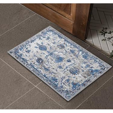 Imagem de Arenarug Boho 2x3 Tapete de área pequena lavável à máquina capacho de entrada azul cinza vintage floral antiderrapante resistente a manchas tapete macio interior para quarto, cozinha, sala de jantar,