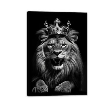 Imagem de Imagens de animais preto e branco leão com coroa, arte de parede, impressão abstrata, leão, pôster, sala de estar, casa, 42 x 30 cm (17 x 12 pol), moldura preta